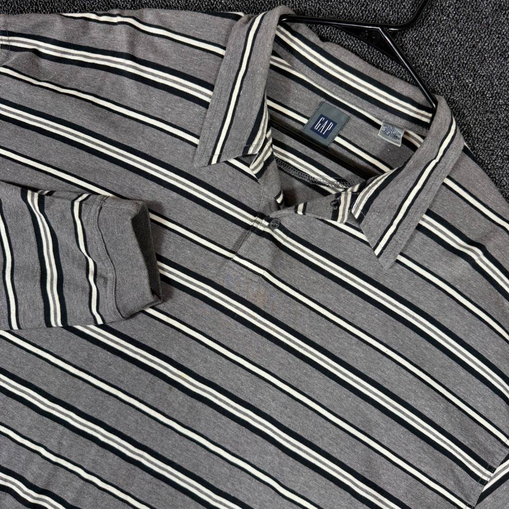 Vintage Gap Mens XL Long Sleeve Striped Rugby Polo Shirt Grey Black White Cotton